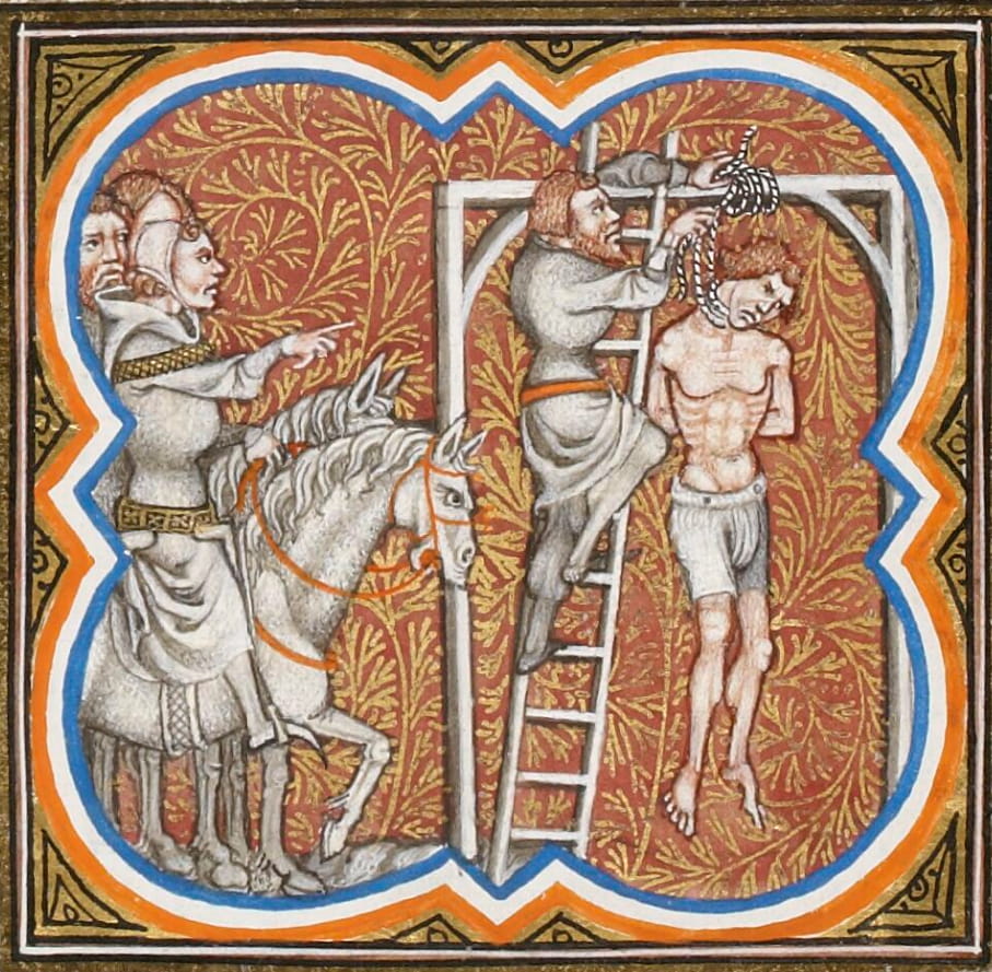 Louis VI fait pendre les partisans de Thomas de Marle, enluminure des Grandes Chroniques de France