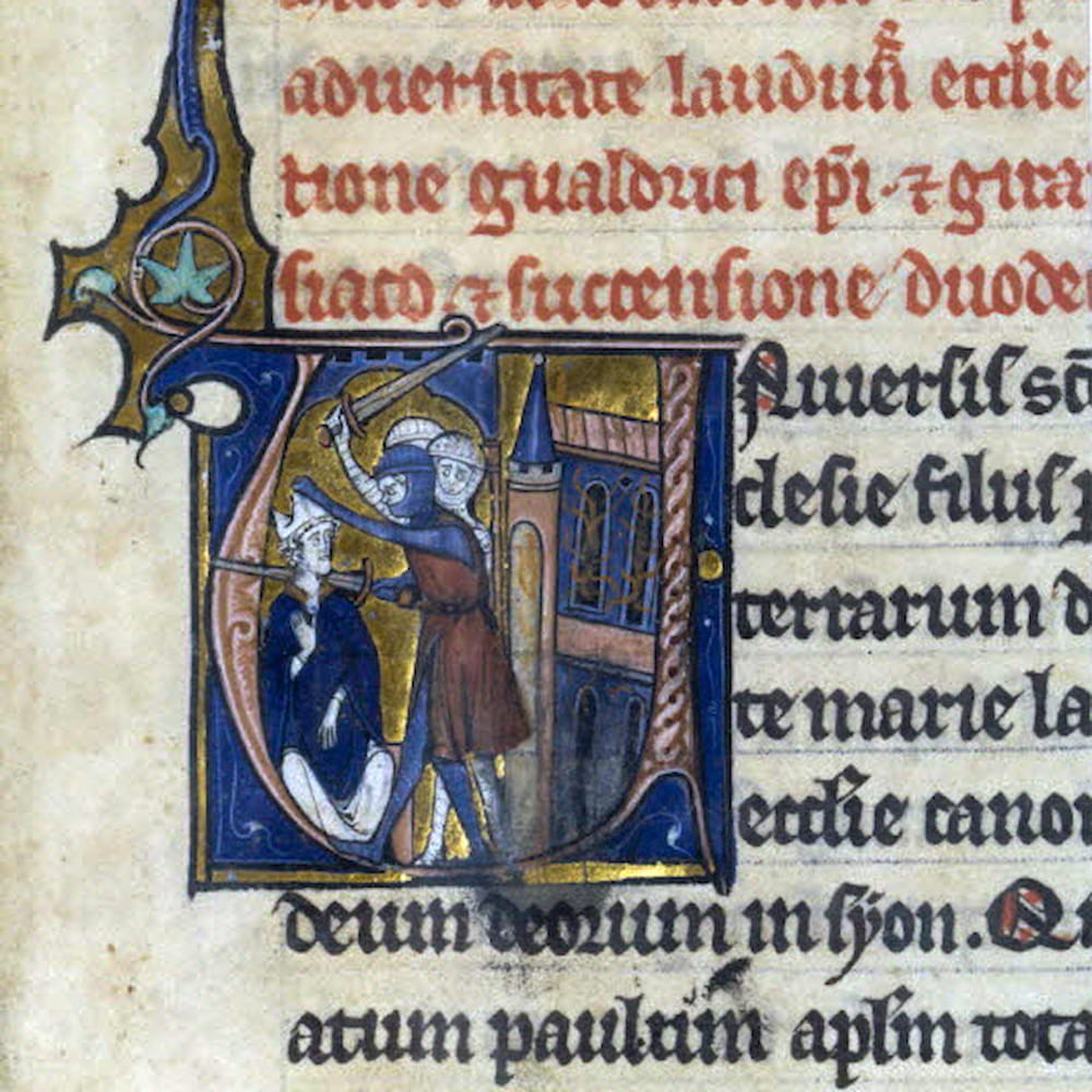 L'assassinat de l'évêque Gaudry (1112), lettrine historiée d'Hériman de Tournai, De miraculis beate Marie Laudunensis, vers 1275-1280. Paris, BnF, Latin 12593, f. 33.