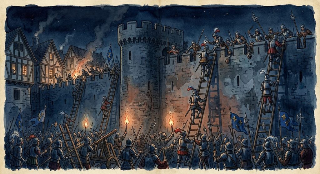 illustration, la surprise d'Avesnes, dans la nuit du 18 au 19 décembre 1523.