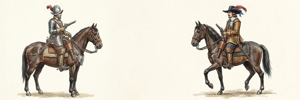 illustration d'un cavalier Espagnol et d'un cavalier Français du XVIIe